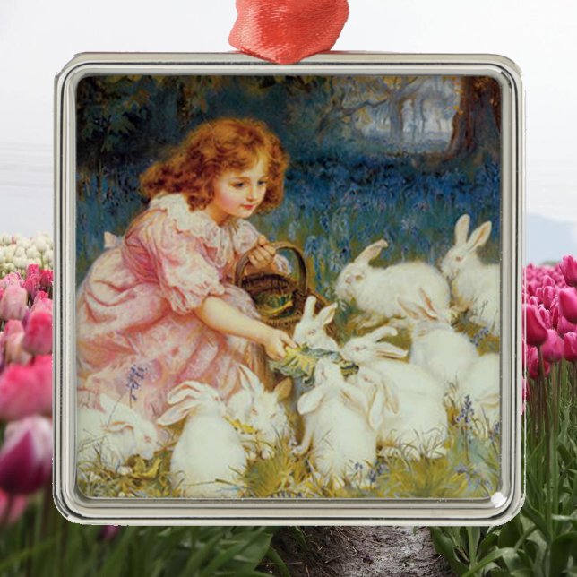 Ornamento De Metal Girl feeding rabbits (Criador carregado)