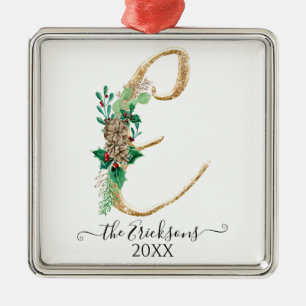 Ornamento De Metal Glitter Dourado de Natal Holly da Família Monogra