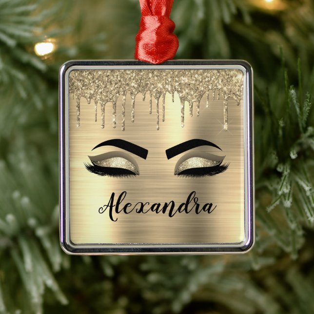 Ornamento De Metal Glitter Sparkle Eyelashes Dourado Nome do Monogram (Árvore)