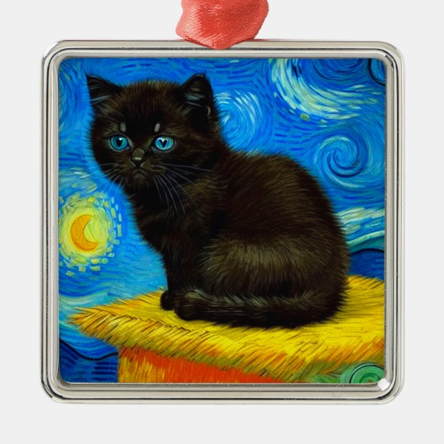 Ornamento De Metal Gogh Style Starry Night Cat (Frente)