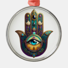 Ornamento De Metal Gold Violet Teal Hamsa w/ Turquoise Third Eye