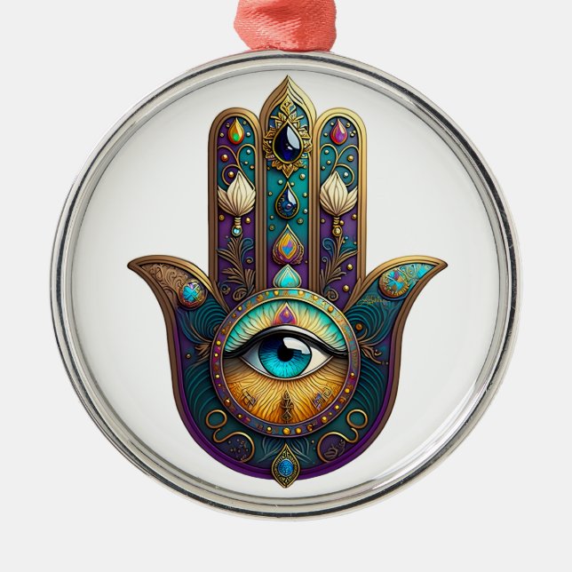 Ornamento De Metal Gold Violet Teal Hamsa w/ Turquoise Third Eye (Frente)