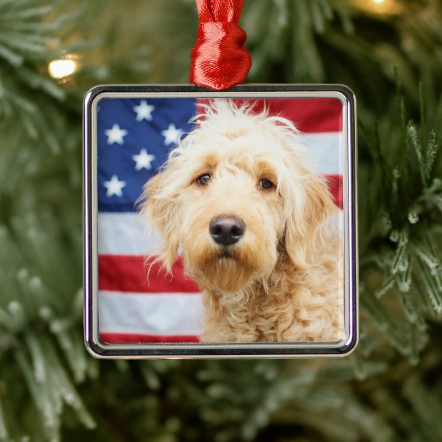 Ornamento De Metal Goldendoodle com bandeira americana (Árvore)