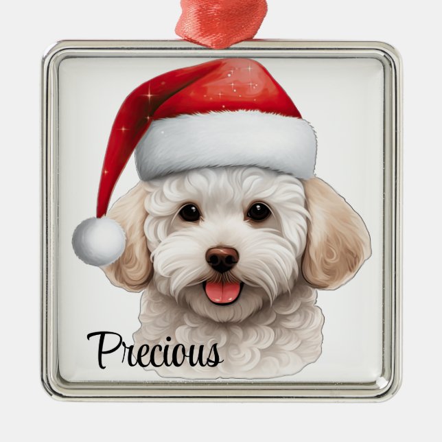 ORNAMENTO DE METAL GORDURA DE CHRISTMAS BICHON FRISE DOG COM SANTA HA (Frente)