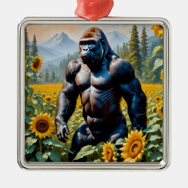 Ornamento De Metal Gorilla Ape Em Um Campo De Girassol (Frente)