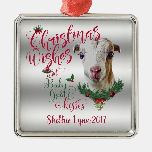 Ornamento De Metal GOTA | O Natal Deseja O Bebê Goat Kisses LaMancha (Frente)