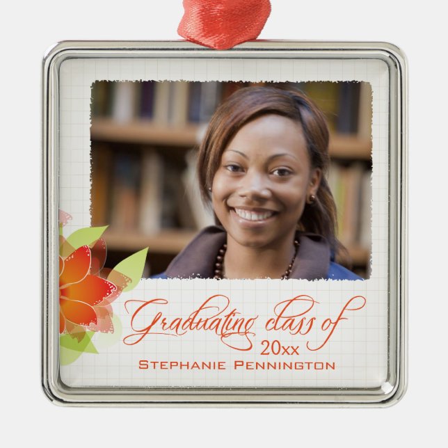 Ornamento De Metal Graduação floral alaranjada personalizada da foto (Frente)