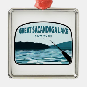 Ornamento De Metal Grande Lago Sacandaga Nova York Vara de Pesca