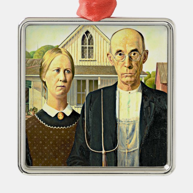 Ornamento De Metal Grant Wood - American Gothic, famosa arte American (Frente)