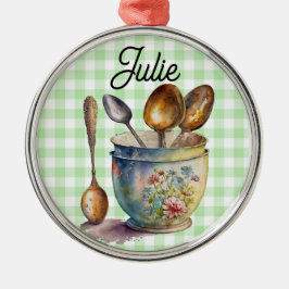 Ornamento De Metal "Green and White Checkered - Spoons in Cup