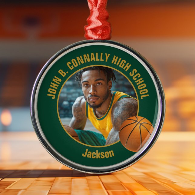 Ornamento De Metal Green Gold Basketball Player Photo Christmas (Criador carregado)