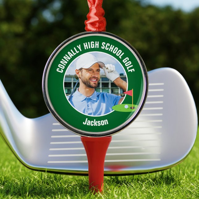 Ornamento De Metal Green Golfer Photo High School Golf Team Christmas (Criador carregado)