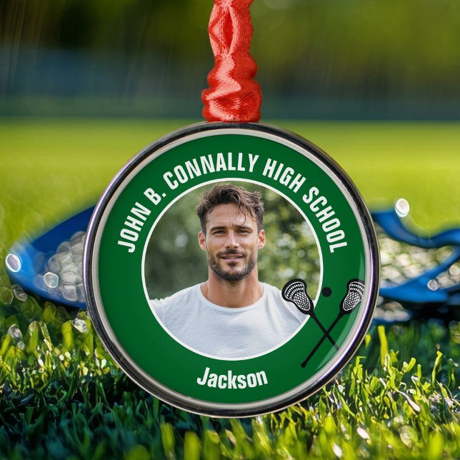 Ornamento De Metal Green Lacrosse Player Photo High School Christmas (Criador carregado)