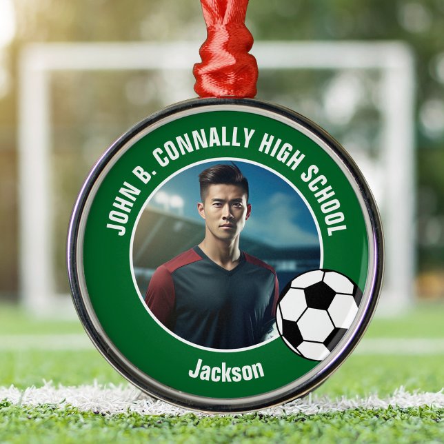 Ornamento De Metal Green Soccer Player Photo High School Christmas (Criador carregado)