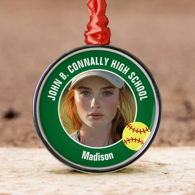 Ornamento De Metal Green Softball Player Photo High School Christmas (Criador carregado)