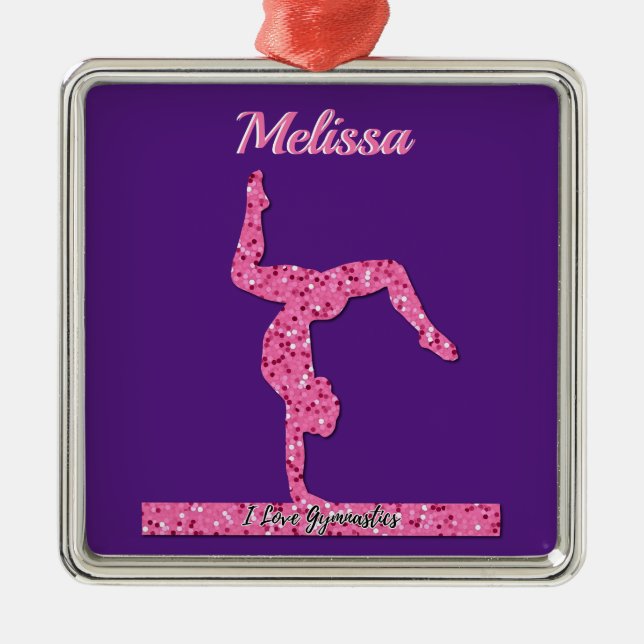 Ornamento De Metal Gymnastics Girl Sparkle Beam Rosa (Frente)