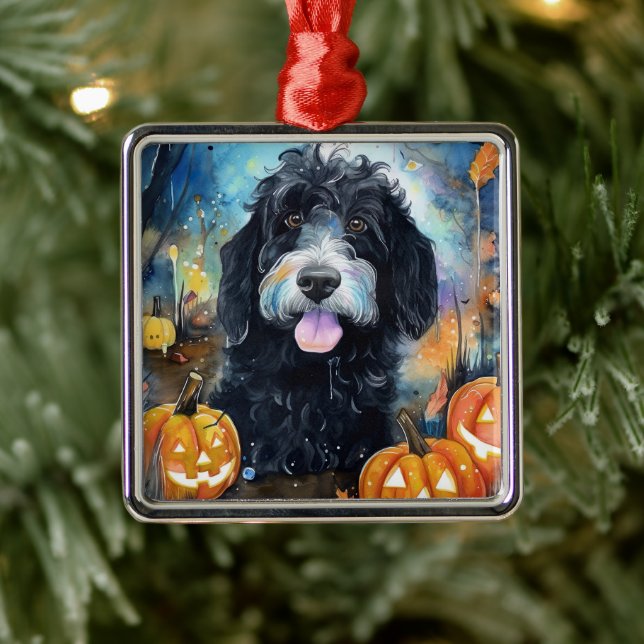 Ornamento De Metal Halloween Bernedoodle Com Pumpkins Assustado (Árvore)