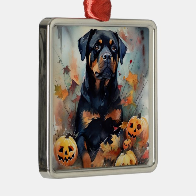 Ornamento De Metal Halloween Rottweiler Com Pumpkins Assustado (Direito )