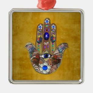 Ornamento De Metal Hamsa Hearts Flowers Opal Art em Dourado