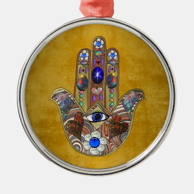 Ornamento De Metal Hamsa Hearts Flowers Opal Art em Dourado (Frente)