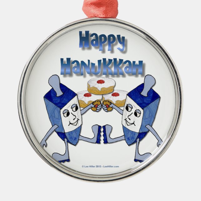 Ornamento De Metal Hanukkah Dancing Dreidels e Jelly Doughnut (Frente)