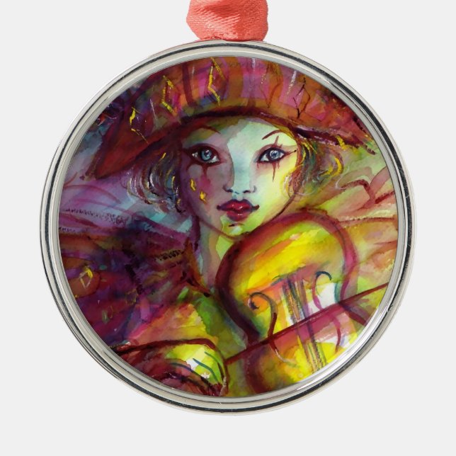 Ornamento De Metal HARLEQUIN JOGANDO VIOLIN Venetian Mascarada (Frente)