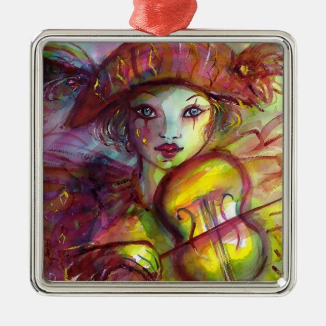 Ornamento De Metal HARLEQUIN JOGANDO VIOLIN Venetian Mascarada (Frente)