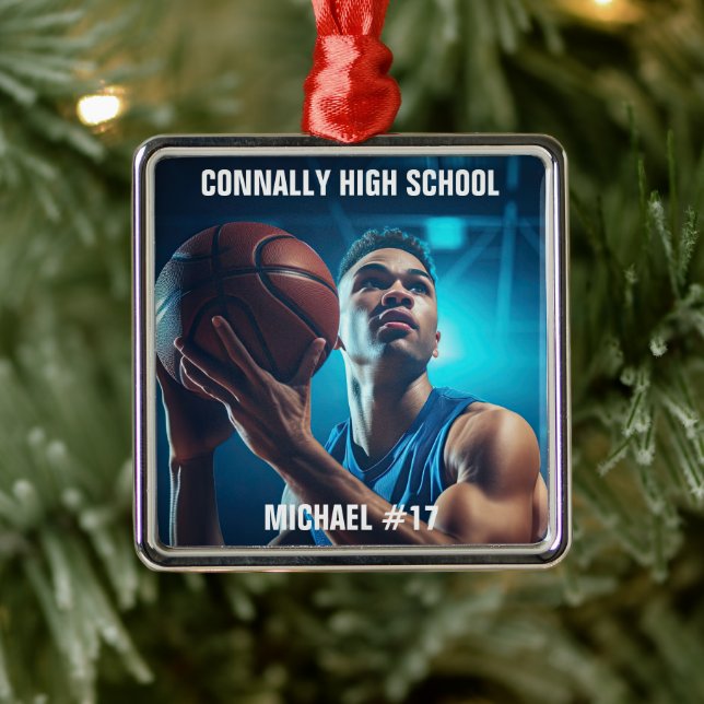 Ornamento De Metal High School Basketball Player Photo Christmas (Árvore)
