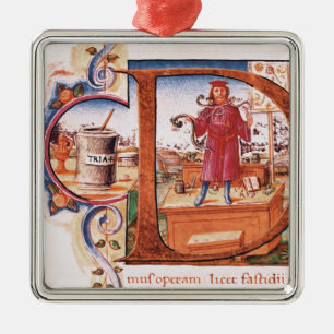 Ornamento De Metal Historiated rubrica "D" que descreve um apothecary