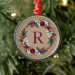 Ornamento De Metal Holly and Pine Christmas Wreath Monograma<br><div class="desc">Enfeites de natal personalizado personalizado personalizado com o seu monograma inicial ou outro texto personalizado em uma camada verde e burgundy de aquarela. Use as ferramentas de design para escolher qualquer cor de fundo, editar as fontes de texto e as cores, adicionar suas próprias fotos e criar um tipo de...</div>