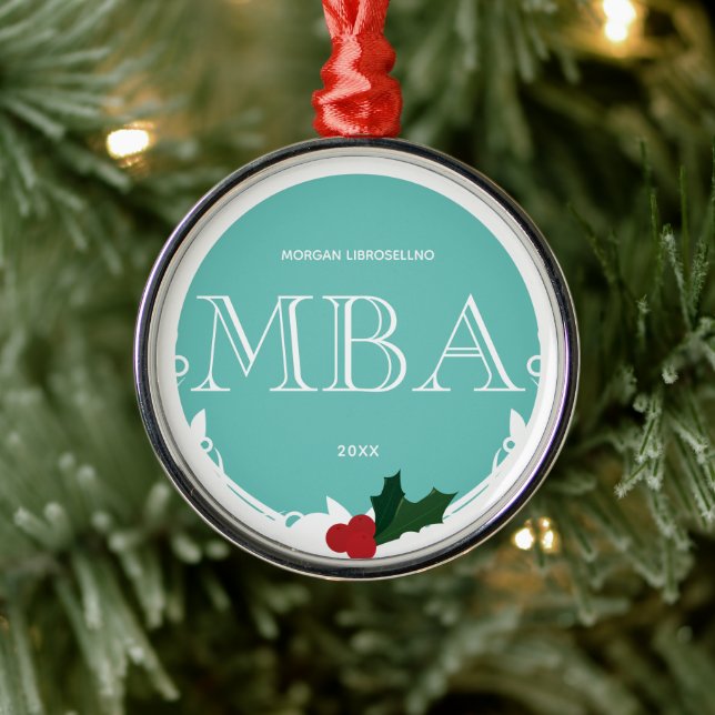 Ornamento De Metal Holly Berry Teal White MBA Nome Ano (Árvore)