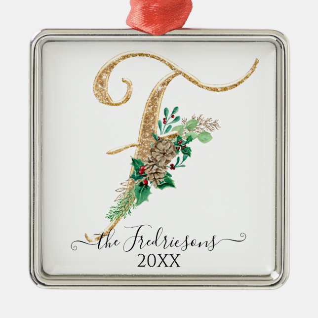 Ornamento De Metal Holly Pine Cone Natal Dourado Monograma F (Frente)