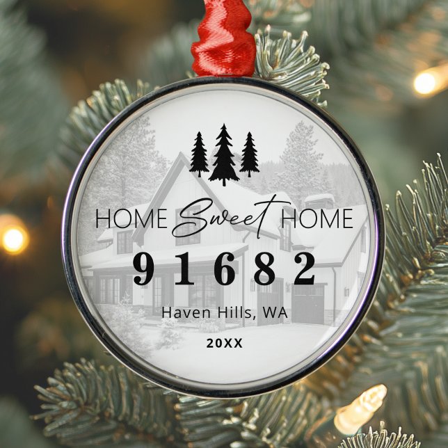 Ornamento De Metal Home Sweet Home Photo Zip Code (Shown on a Premium Round Metal Ornament)