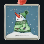 Ornamento De Metal Homem de neve com floco de neve no nariz<br><div class="desc">Snowman pega um floco de neve no nariz!  design original de Christie Black of Creations do Coração.</div>