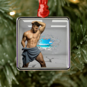 Ornamento De Metal Homem de SlipperyJoe em uma toalha músculos branco
