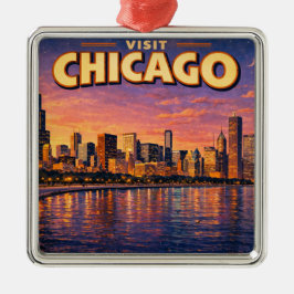 Ornamento De Metal Horizonte de Chicago e Lago Michigan ao anoitecer