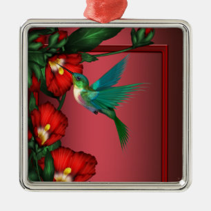 Ornamento De Metal Hummingbird Red Hibiscus Ornament
