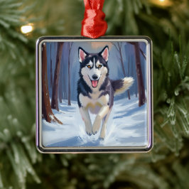 Ornamento De Metal Husky Siberiano | Pintura de Cachorro no Inverno