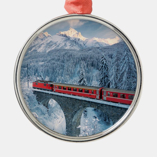 Ornamento De Metal Ice & Snow | Red Bernina Express Train Switzerland (Frente)