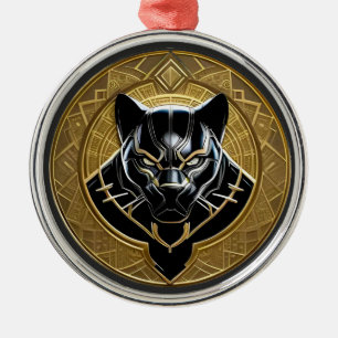 Ornamento De Metal Ícone da Pantera Preta com Fundo Geométrico Dourad