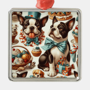 Ornamento De Metal Ilustração da Portadora de Boston Cute