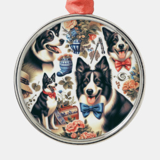 Ornamento De Metal Ilustração de Collie de Borda de Vintagem de Corte