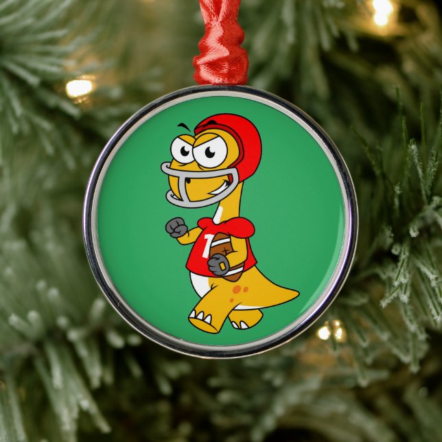 Ornamento De Metal Ilustração De Um Brontossauro Jogando Futebol. (Árvore)