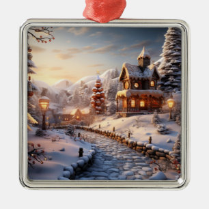 Ornamento De Metal Ilustração de vila aconchegante no Natal