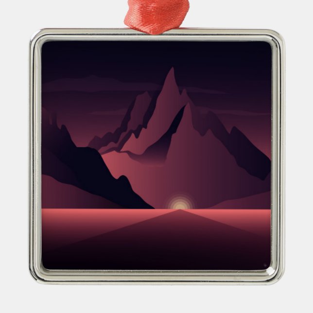 Ornamento De Metal Ilustração do pôr do sol da montanha (Frente)