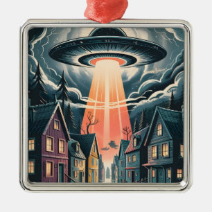 Ornamento De Metal Ilustração Noturna de Abdução por OVNI na Rua