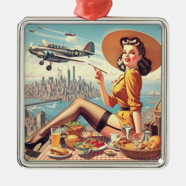 Ornamento De Metal Ilustração Pin-up do Avião Retro (Frente)
