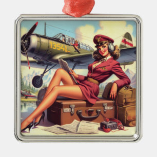 Ornamento De Metal Ilustração Pin-Up do Avião Vintage