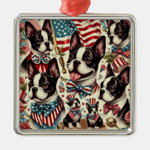 Ornamento De Metal Ilustração Sem Costura de Boston Terrier Vintage