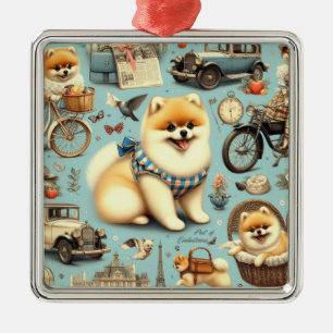Ornamento De Metal Ilustração Vintage Pomeranian Sem Costura